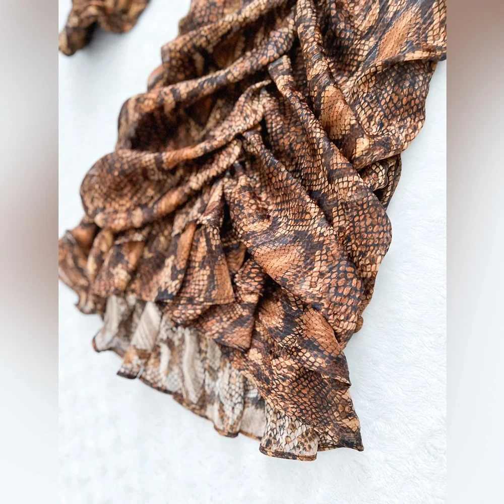 NWT- ZARA Animal Print Ruched Ruffle Front Long Sleeve Mini Dress